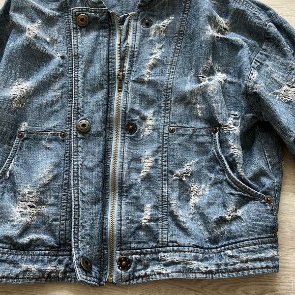 Free People Tattered Distressed Tennis Bomber Jean Jacket Indigo - Women’s Small - Picture 2 of 7